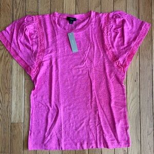J. Crew Bright Pink Lace Sleeve Women's Tee